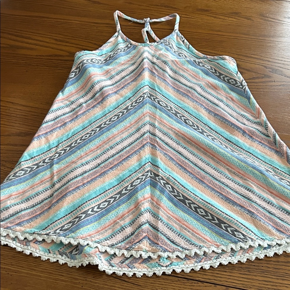 Rip Curl Striped Pastel Blue Pink Green Crochet Trim Swim Coverup